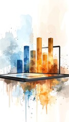 A sleek tablet computer displays a vibrant cityscape, showcasing towering skyscrapers, bustling streets, and a sunset casting warm hues across the skyline.