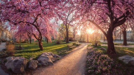 Spring park panorama with cherry blossoms