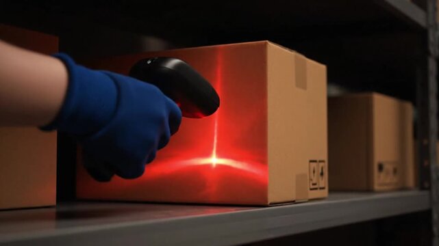 Logistics Worker Scans a Package with a Glowing Red Barcode Reader in a Dark Warehouse.