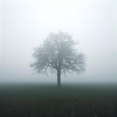 Darker shot of an old, lone oak in a field covered by dense fog. Atmospheric calm