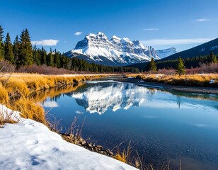 Winter wonderland alpine river reflection
