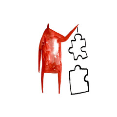 Hand paint watercolor stick figure illustration. Watercolor people. Man with puzzle. 
