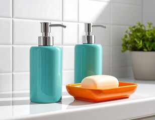 Vibrant teal and orange bathroom accessories