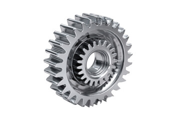 Metallic gears interlocked. 3D rendering of interlocking gears