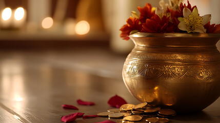 A Brass pot filled with flowers and scattered coins. The warm glow of candles in the background creates a serene and inviting ambiance.