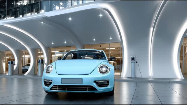 Stylish blue mini electric car.