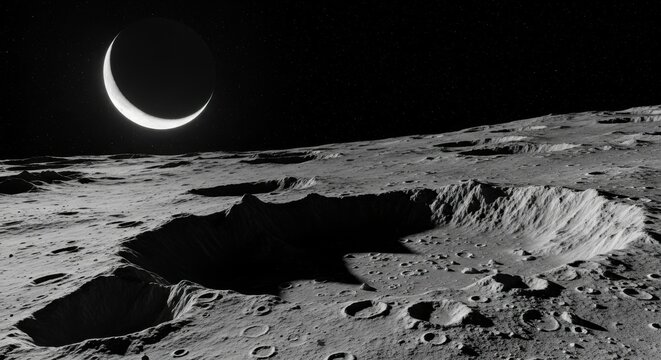 Lunar Surface with Craters and Crescent Moon in Night Sky