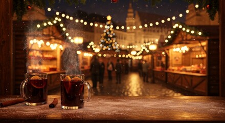 Obraz premium Budapest Christmas Market, steaming mulled wine cups placed on frosty wooden counter, golden lights reflecting on wet stone pavement