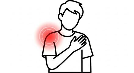 Obraz premium Person with shoulder pain indicated by red circles and hand on chest in a line art drawing style created with generated ai
