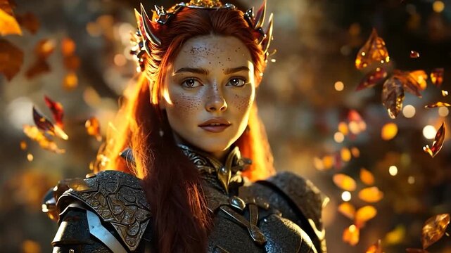 Mysterious Elf Queen with Fiery Hair and Crown in Enchanted Forest.