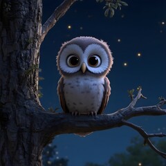 Owl on the branch. 3D animation style cute cartoon owl sitting on a tree at night.