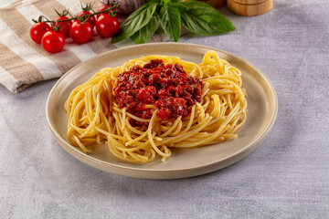 Italian pasta spaghetti bolognese with minced beef meat and tomato sauce