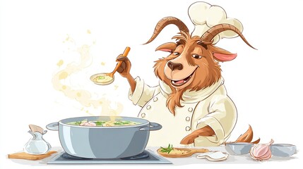 A jovial goat chef, wearing a toque, stirs a steaming pot of soup with a wooden spoon.  Nearby are various cooking ingredients like garlic, herbs, and a small jug. 