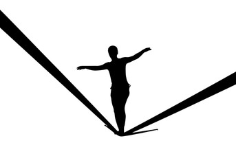 Vector art of silhouette of person balancing on tightrope against white sky, symbolizing focus and determination