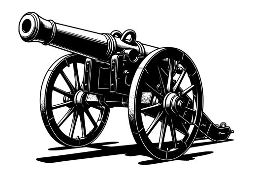 Vector art of vintage black and white illustration of a 19thcentury military cannon with wooden wheels