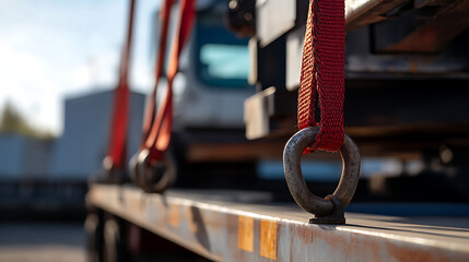 Truck bed cargo secured with heavy-duty straps, ensuring safe transit. Metal hook and textured red strap provide secure tie-down for transportation.