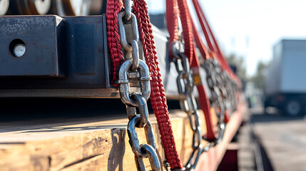 Heavy load secured with chains and straps on a flatbed truck. Ensuring safe transportation of oversized cargo with robust rigging equipment.