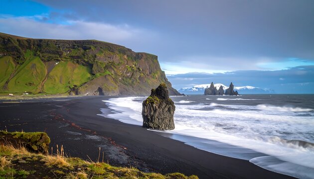 Dramatic black sand beach with basalt rock formations