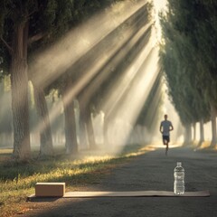 A serene parkway scene, bathed in morning sunbeams, displays a yoga block and mat, a water bottle, and a runner.