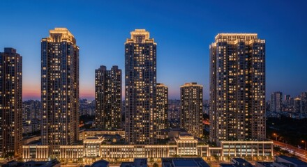 Fototapeta premium Nighttime Cityscape of Tall Modern Skyscrapers Illuminated in Urban Skyline