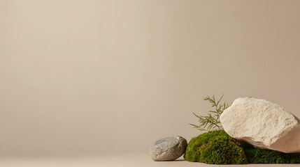 Earthy natural product display featuring moss, rocks, and greenery against a warm background. Minimalist concept for organic products & eco-conscious branding.