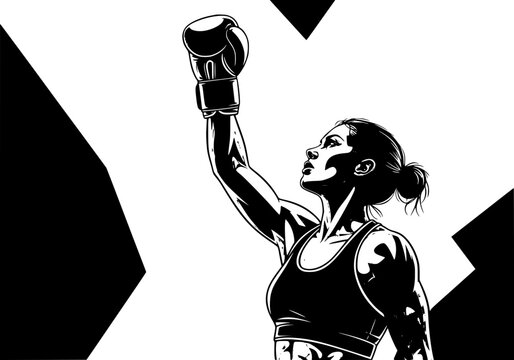 Vector art of inspiring black and white illustration of female boxer raising gloved hand in victory pose - Powered by Adobe