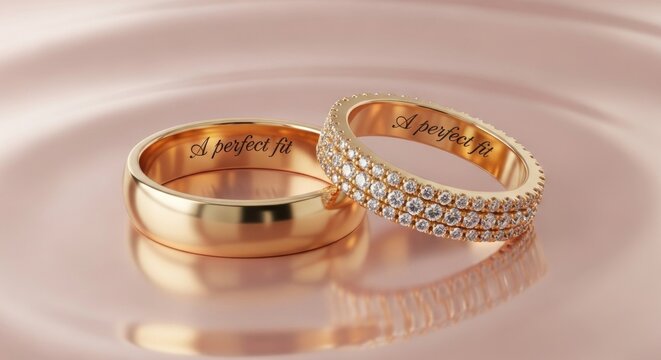 Two gold wedding rings, one plain and one with diamonds, resting on a reflective pink surface.