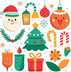 Fototapeta premium Vector art of a cheerful assortment of christmas elements featuring a snowman, candy canes, gift box, christmas tree, and various ornaments