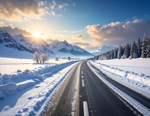 Winter wonderland highway through snowy mountains
