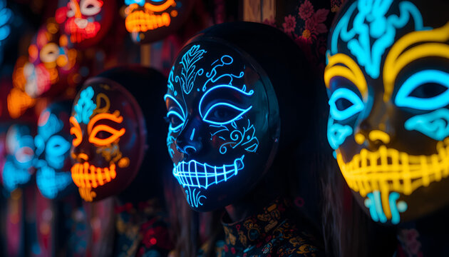 A line of illuminated masks with intricate patterns on a blurred background