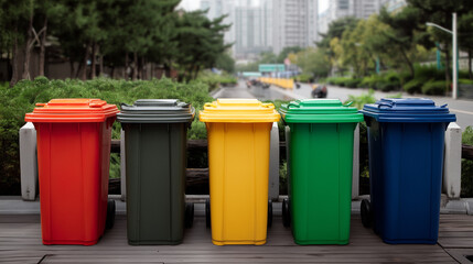 ifferent colored recycling bins for waste separation, eco-friendly lifestyle concept Different colored recycling bins for waste separation, eco-friendly lifestyle concept Different