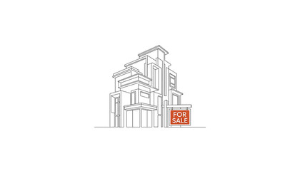 Fototapeta premium Modern Architectural Home For Sale With Red 'For Sale' Sign Illustration