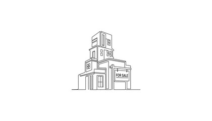 Obraz premium Modern architectural house design illustration with 'for sale' sign, minimalist real estate concept