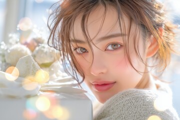 プレゼントの包みを持つ若い日本人女性