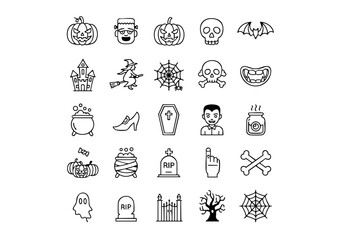 Spooky Collection: Black and White Halloween Vector Icons, Ultimate Pack of Scary Line Art Symbols (Black & White, Halloween Night: Essential Vector Icons