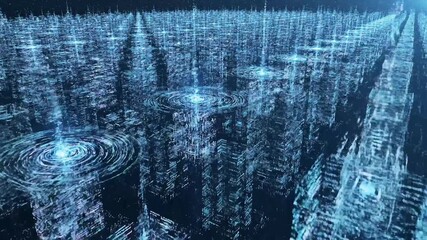 A panoramic view of an expansive digital cityscape representing a global information network with glowing blue nodes processing data within a vast cyberspace - Powered by Adobe