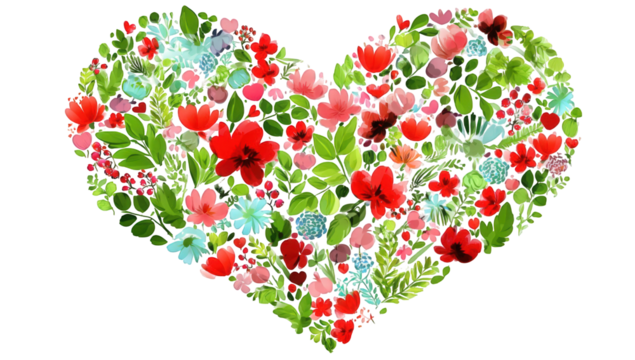 A heart-shaped design filled with various flowers and foliage