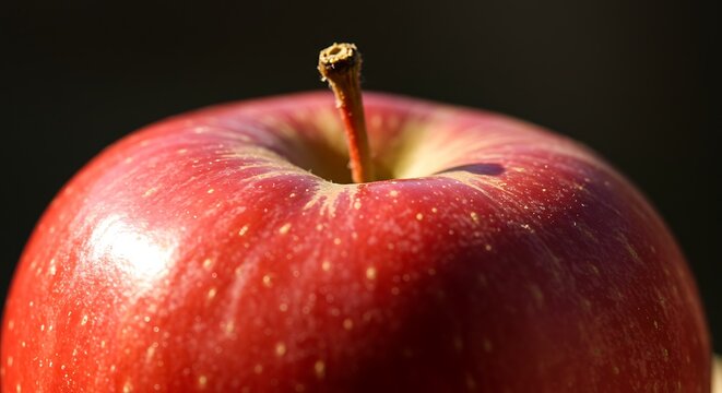 Close up of a ripe red apple with stem and subtle variations in texture