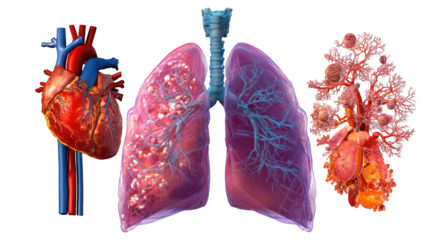 Three-part anatomical graphic of heart and lungs