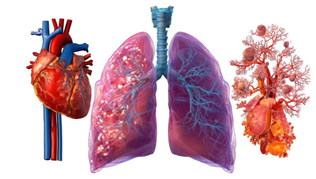 Three-part anatomical graphic of heart and lungs