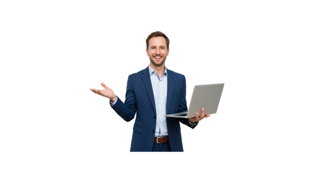 Smiling professional businessman holding a laptop and gesturing with an open hand, confidently presenting a concept or solution against a clean white background - Powered by Adobe