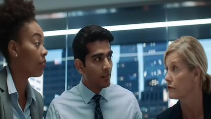 A diverse team of professional business partners intently analyzing futuristic data charts during a collaborative corporate meeting - Powered by Adobe