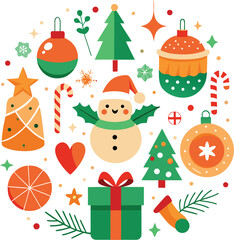 Fototapeta premium Vector art of a vibrant assortment of christmas elements arranged in a circular pattern, featuring a snowman, trees, ornaments, a gift, candy canes, and festive foliage, isolated on a
