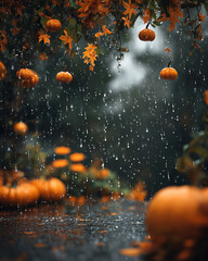 Pumpkins Together in Autumn Rainfall