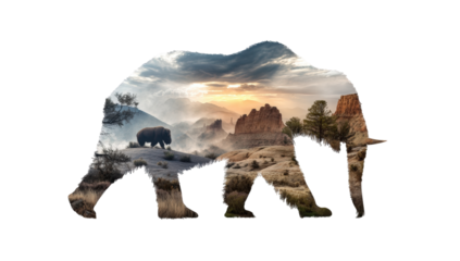Silhouette of an elephant over a landscape scene