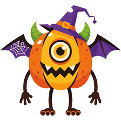 Cute Cyclops Pumpkin Monster with Bat Wings Halloween Vector Illustration: Adorable Spooky Cartoon Character for Autumn Holiday Decorations, Stickers, T-Shirts, and Party Invitations