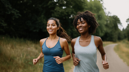 Smiling female friends running side by side in nature, sportswear outfits, enjoying summer workout, concept of fitness motivation, friendship, and outdoor activity. female friends