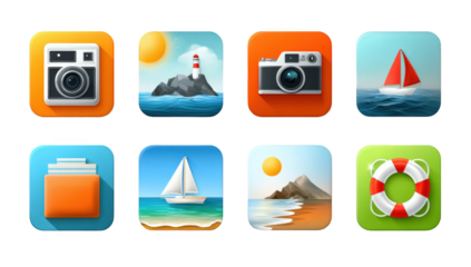 Colorful app icons depicting travel and vacation themes