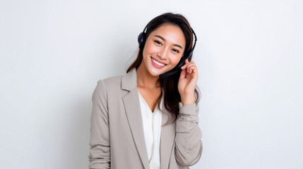 Smiling Asian woman in business suit with headset, standing against white background, professional customer support representative, call center operator, friendly service concept.