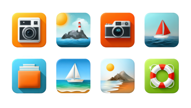 Colorful app icons depicting travel and vacation themes - Powered by Adobe